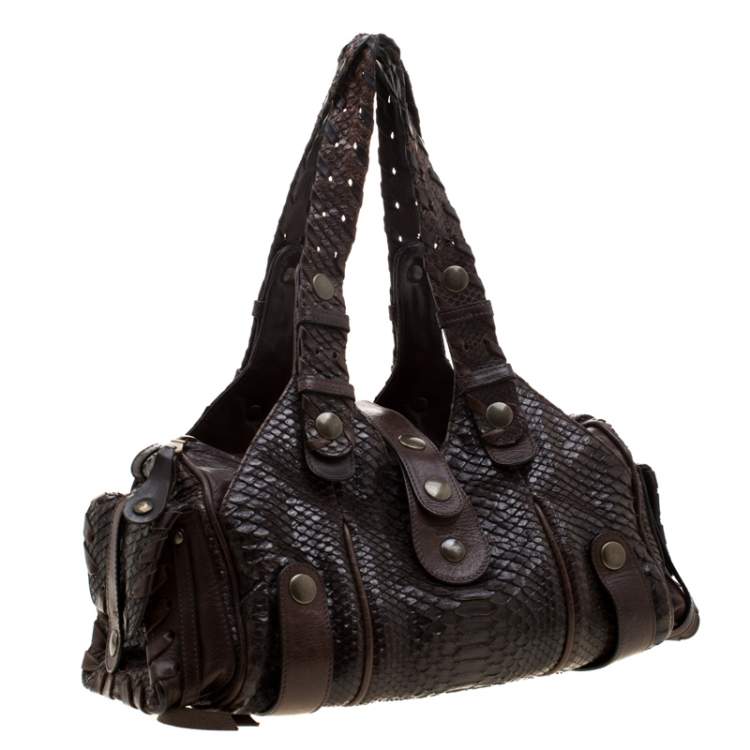 Pre Owned Chloe Dark Brown Python and Leather Silverado Satchel