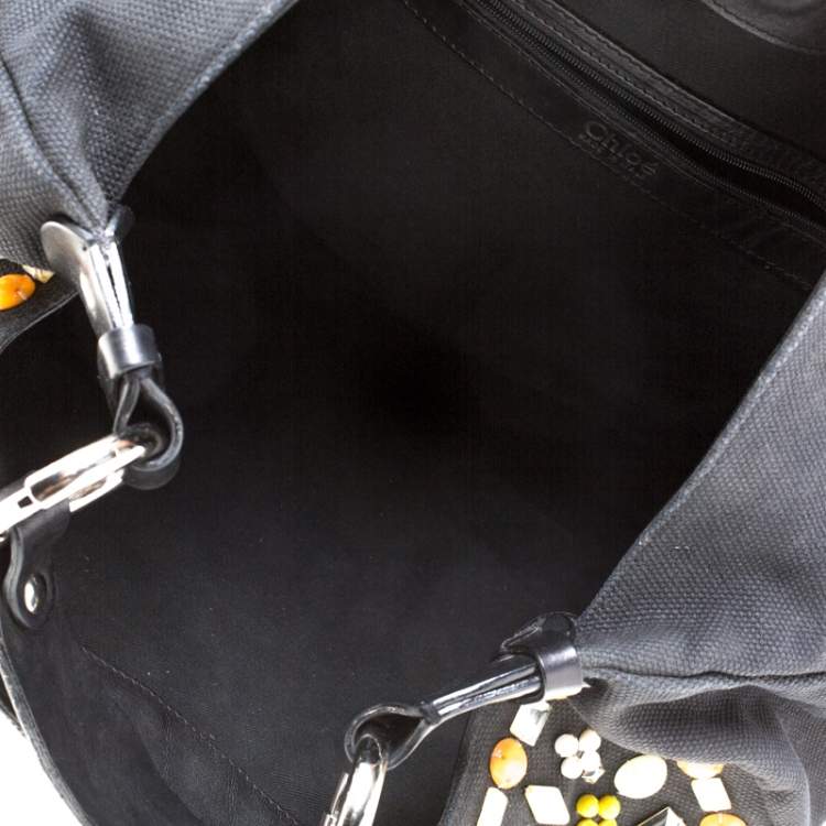 Pre Owned Chloe Black Canvas and Leather Beads Embellished Hobo