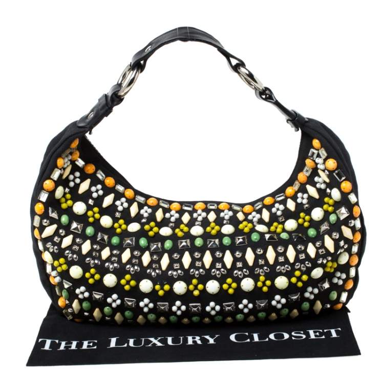 Pre Owned Chloe Black Canvas and Leather Beads Embellished Hobo