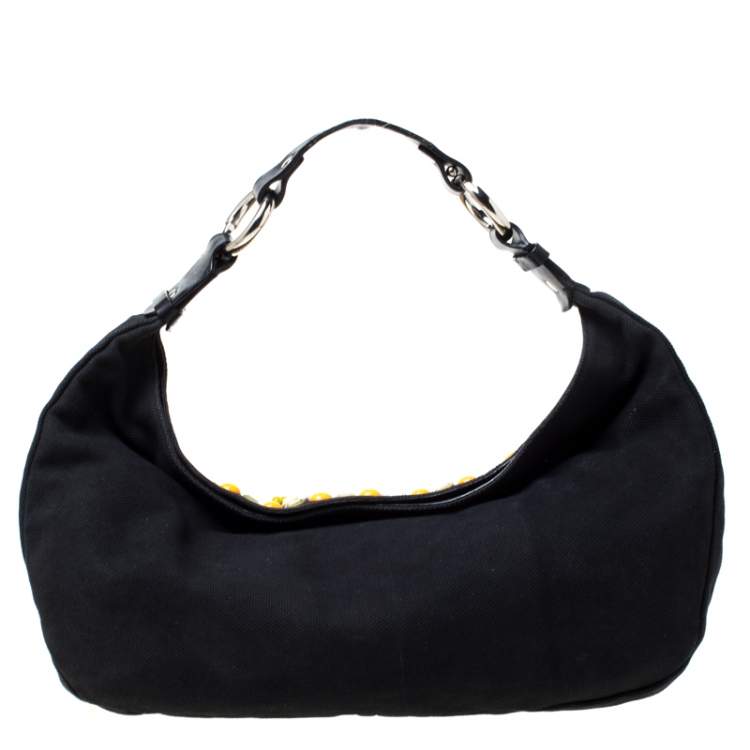 Pre Owned Chloe Black Canvas and Leather Beads Embellished Hobo