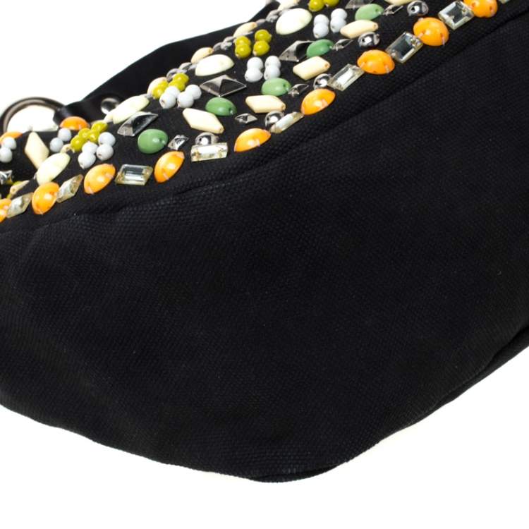 Pre Owned Chloe Black Canvas and Leather Beads Embellished Hobo