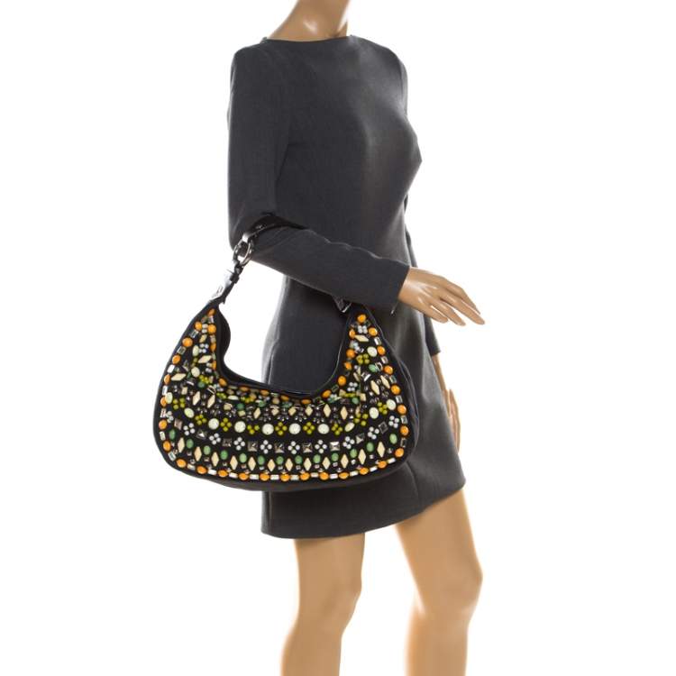 Pre Owned Chloe Black Canvas and Leather Beads Embellished Hobo
