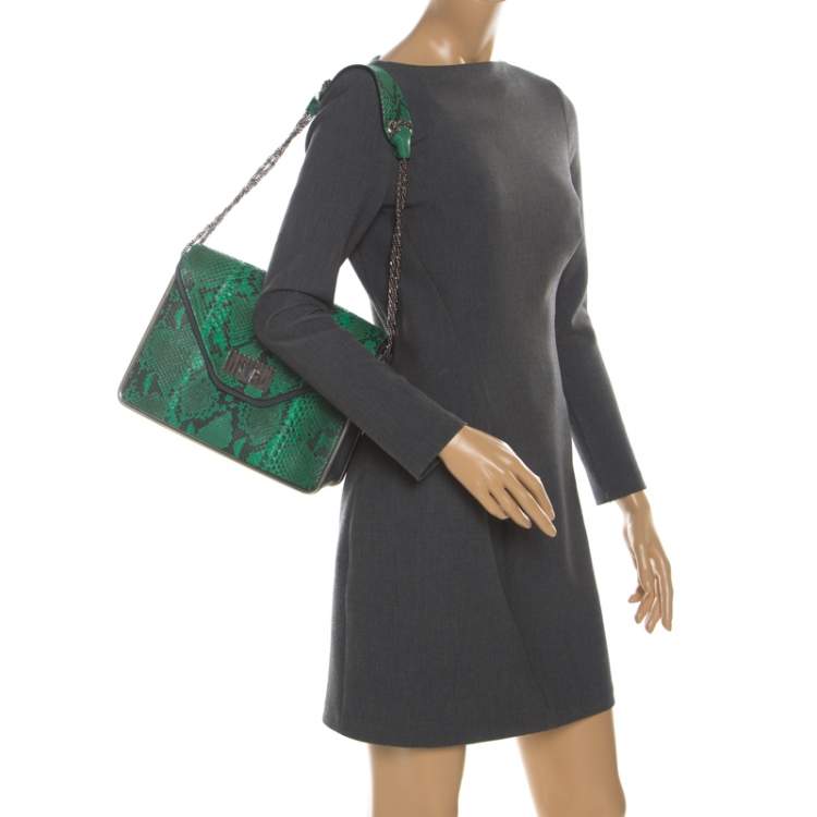 Pre Owned Chloe Green/Dark Grey Python Medium Sally Flap Shoulder Bag