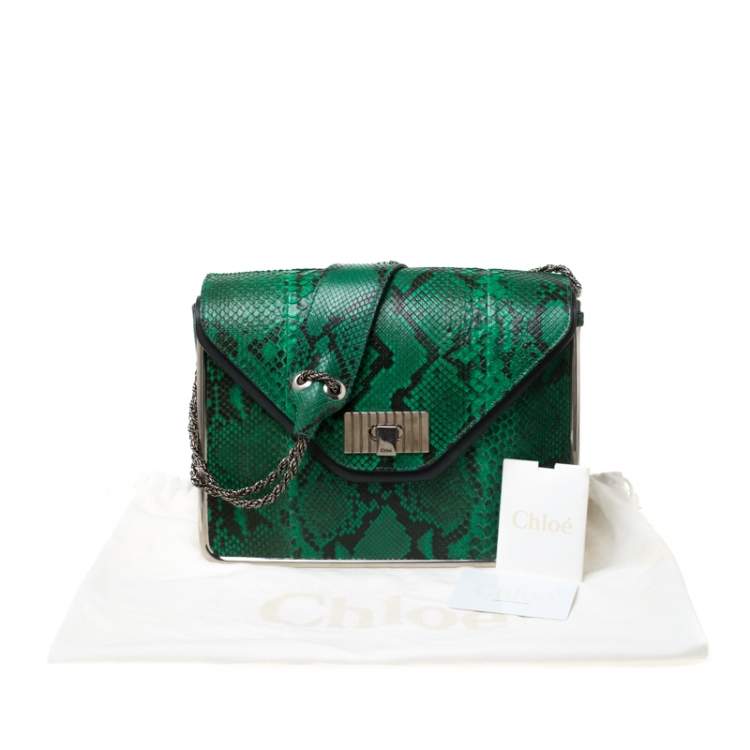 Pre Owned Chloe Green/Dark Grey Python Medium Sally Flap Shoulder Bag