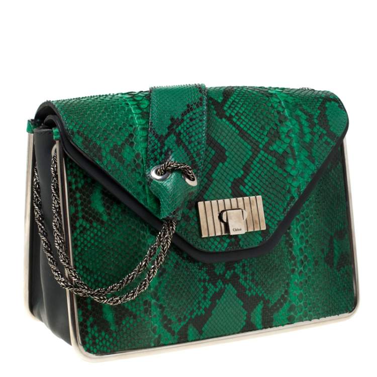 Pre Owned Chloe Green/Dark Grey Python Medium Sally Flap Shoulder Bag