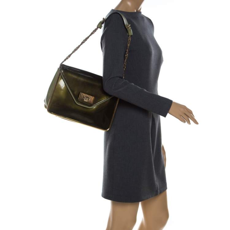 Pre Owned Chloe Olive Green Leather and Patent Leather Medium Sally Flap Shoulder Bag