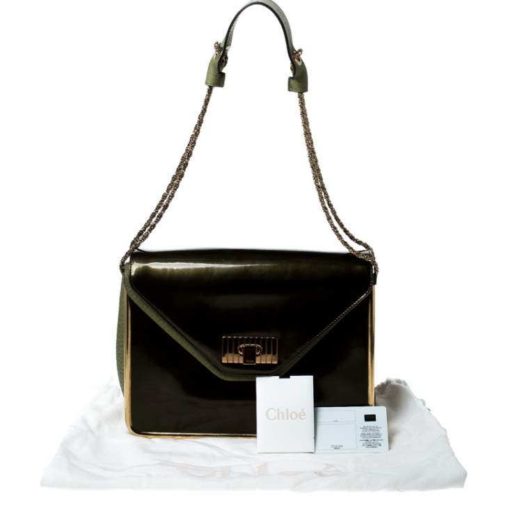Pre Owned Chloe Olive Green Leather and Patent Leather Medium Sally Flap Shoulder Bag