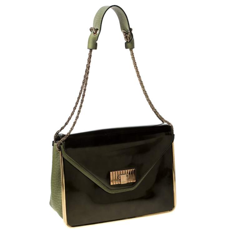 Pre Owned Chloe Olive Green Leather and Patent Leather Medium Sally Flap Shoulder Bag