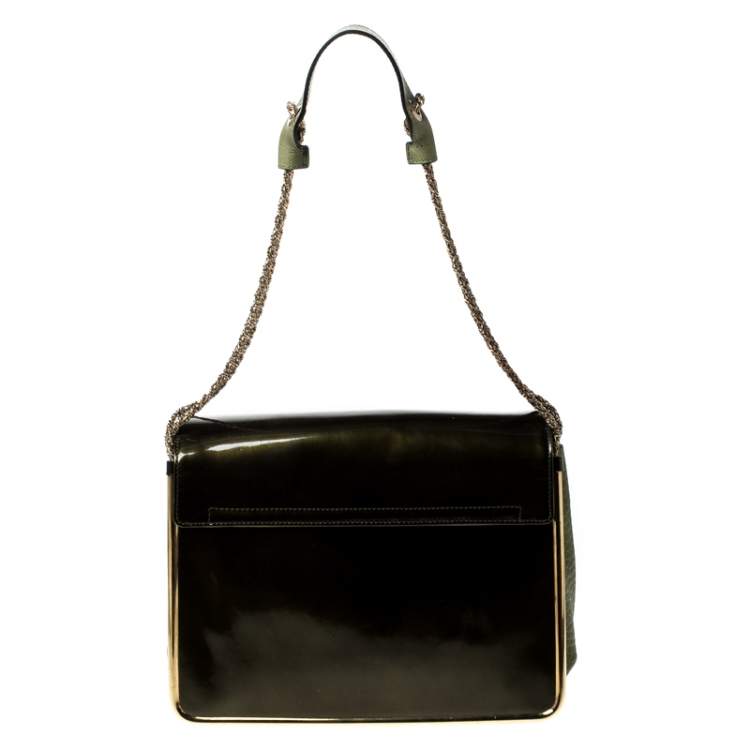 Pre Owned Chloe Olive Green Leather and Patent Leather Medium Sally Flap Shoulder Bag