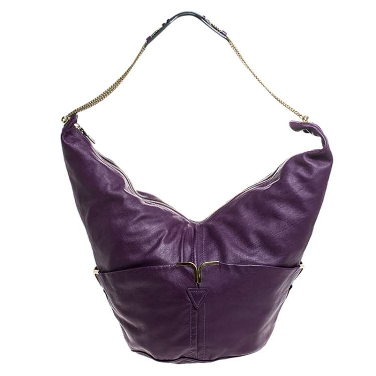 Pre Owned Chloe Purple Leather Milton Triple Chain Hobo