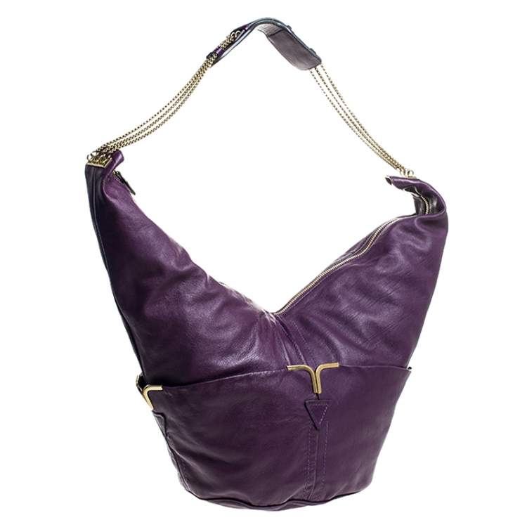Pre Owned Chloe Purple Leather Milton Triple Chain Hobo