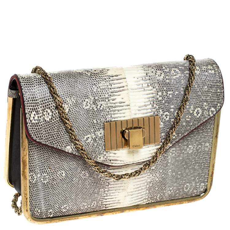 مملوكة مسبقًا Chloe Beige Lizard and Leather Frame Sally Shoulder Bag