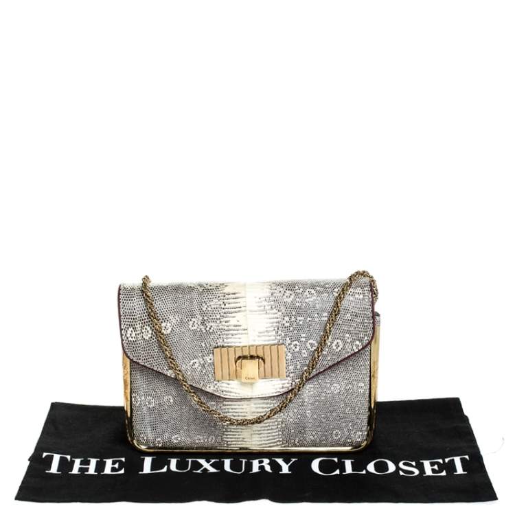 مملوكة مسبقًا Chloe Beige Lizard and Leather Frame Sally Shoulder Bag
