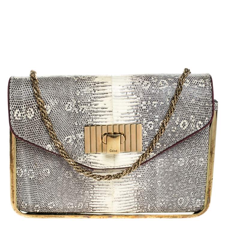 مملوكة مسبقًا Chloe Beige Lizard and Leather Frame Sally Shoulder Bag