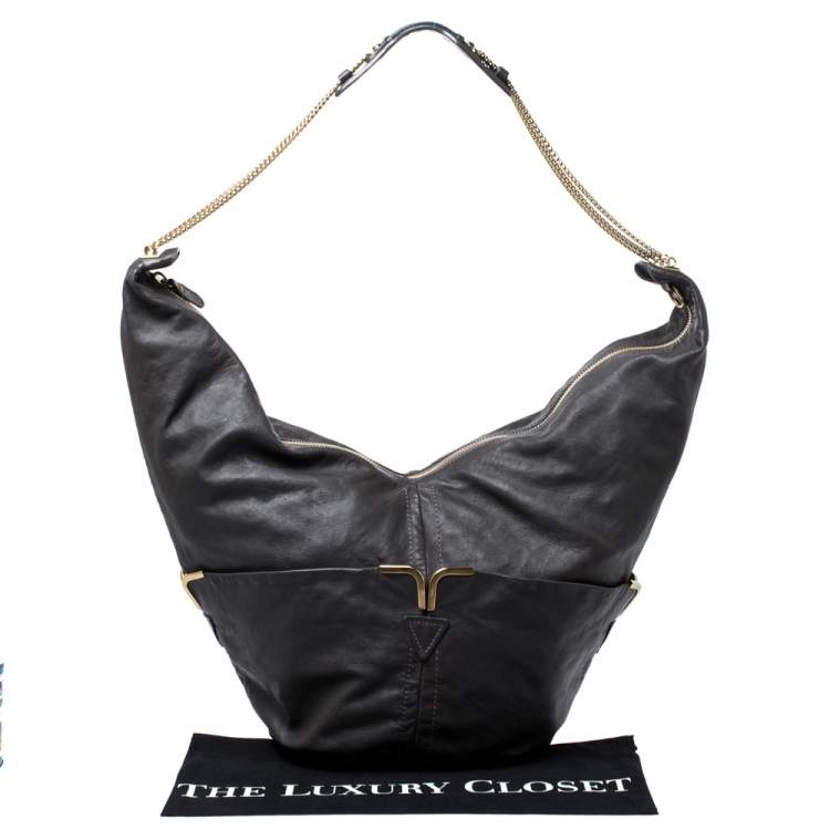 Pre Owned Chloe Dark Grey Leather Milton Triple Chain Hobo