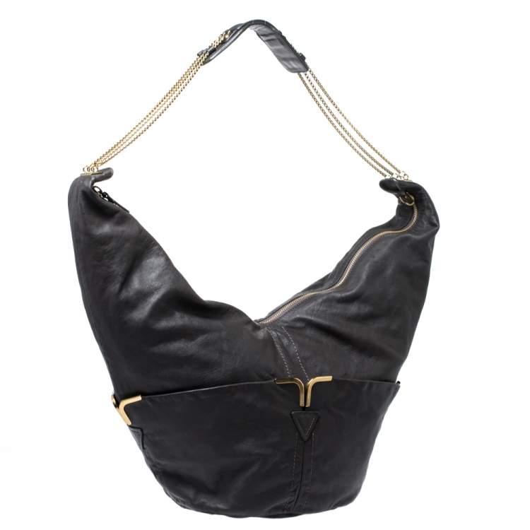 Pre Owned Chloe Dark Grey Leather Milton Triple Chain Hobo