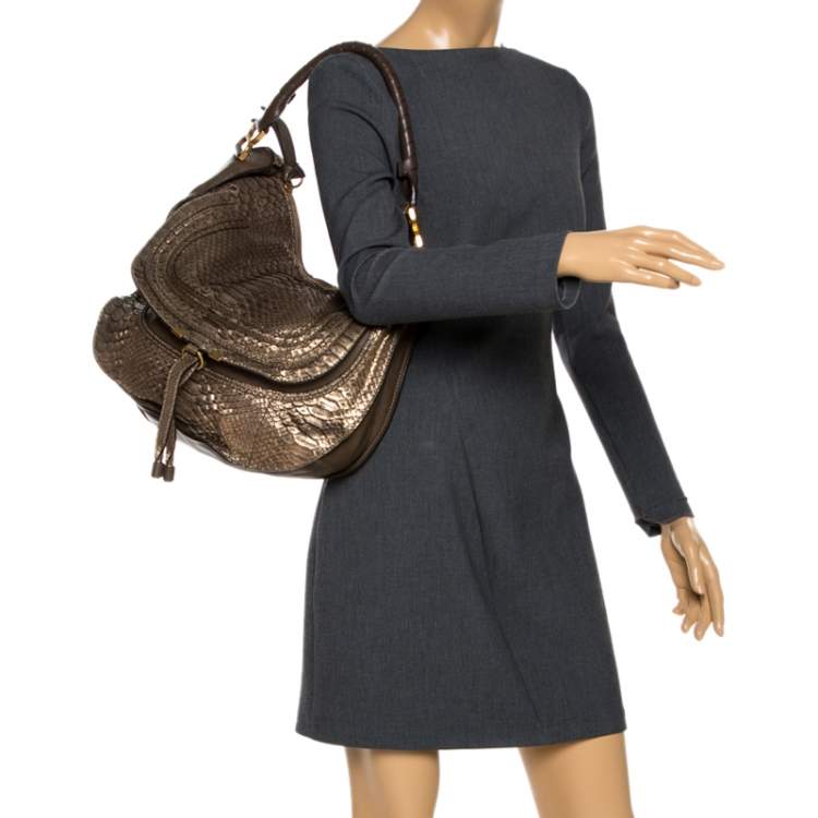 Pre Owned Chloe Gold/Brown Python and Leather Large Marcie Hobo