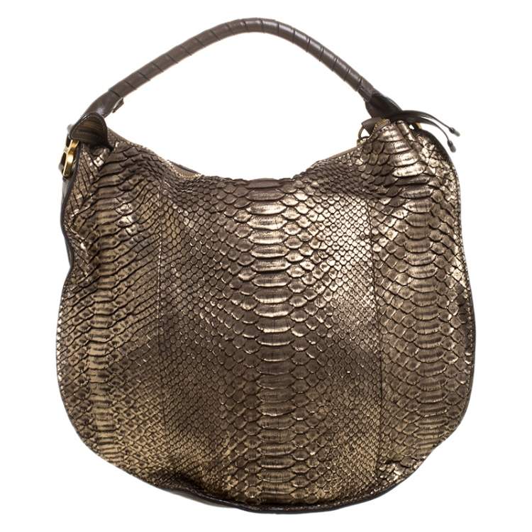 Pre Owned Chloe Gold/Brown Python and Leather Large Marcie Hobo