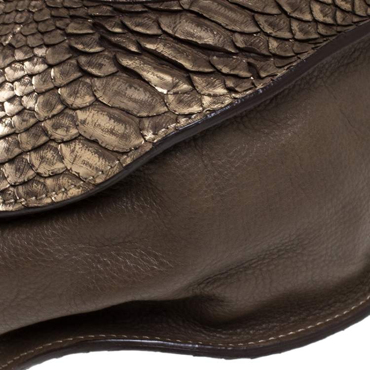 Pre Owned Chloe Gold/Brown Python and Leather Large Marcie Hobo