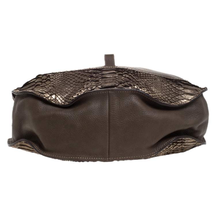 Pre Owned Chloe Gold/Brown Python and Leather Large Marcie Hobo