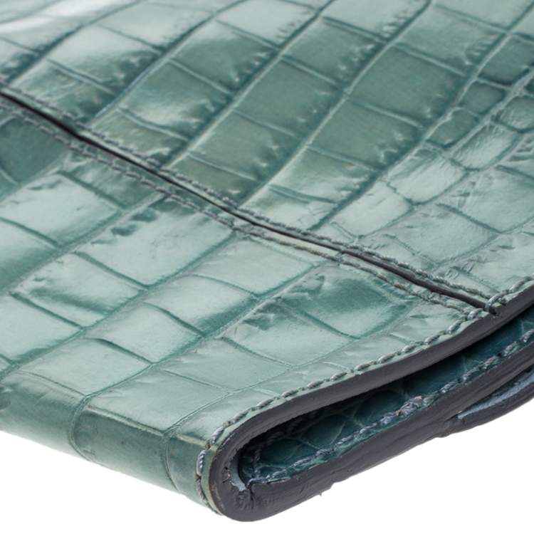 Pre Owned Chloe Green Crocodile Embossed Freja Origami Clutch