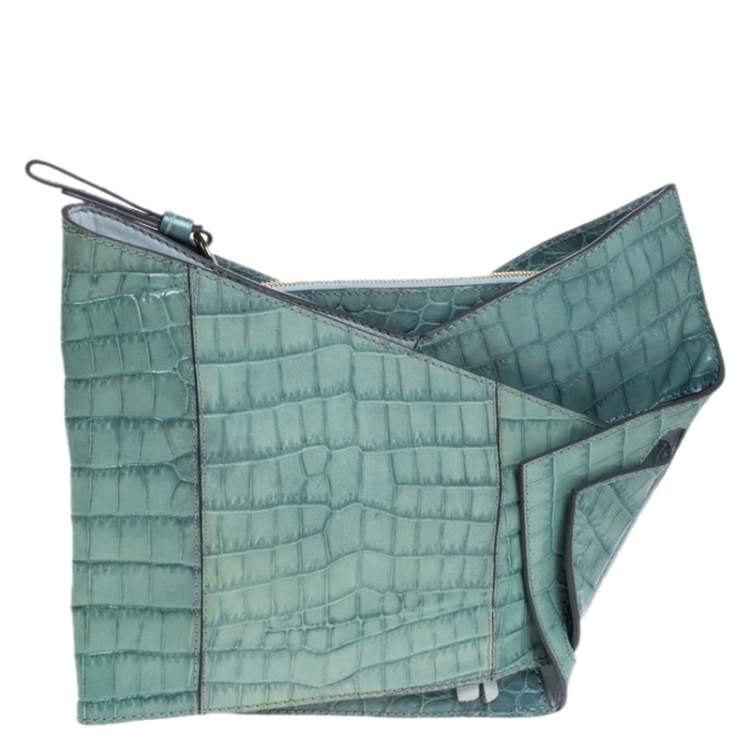 Pre Owned Chloe Green Crocodile Embossed Freja Origami Clutch