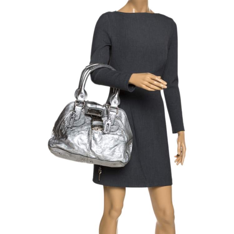 Pre Owned Chloe Metallic Silver Leather Large Paddington Satchel