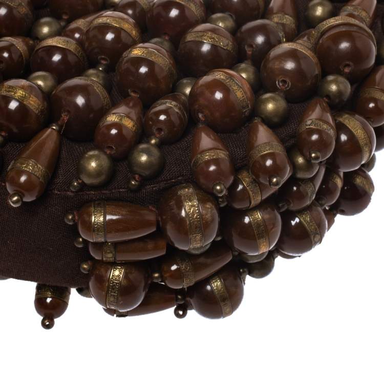 Pre Owned Chloe Brown Canvas Beads Embellished Hobo