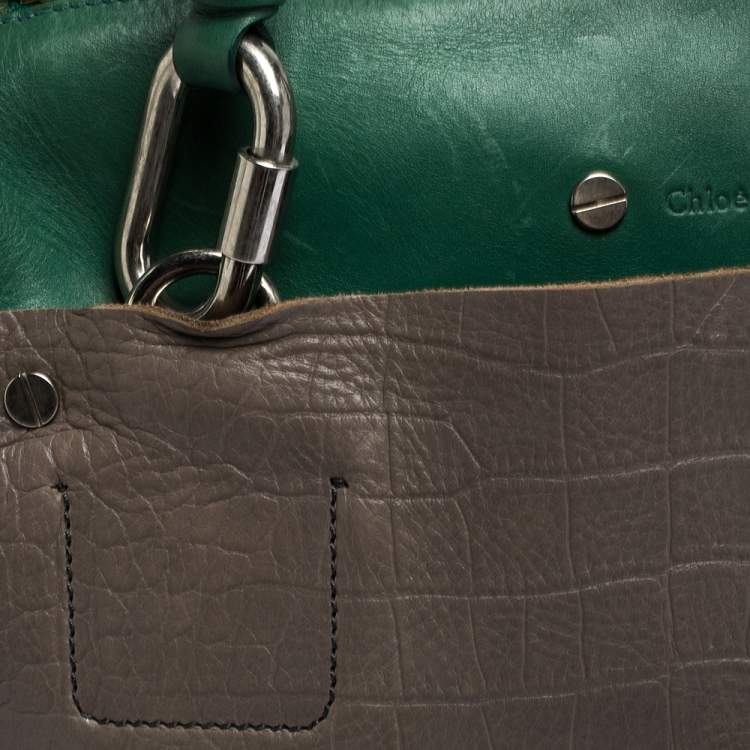 Pre Owned Chloe Grey/Green Croc Embossed Leather Buckle Handle Satchel