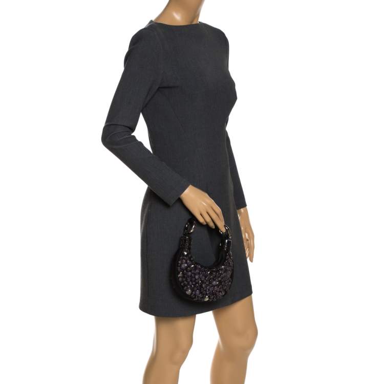 Pre Owned Chloe Black Satin Stone Beads Embellished Hobo