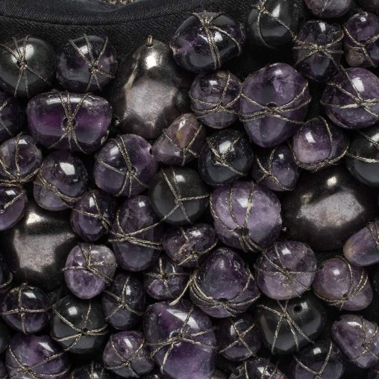 Pre Owned Chloe Black Satin Stone Beads Embellished Hobo