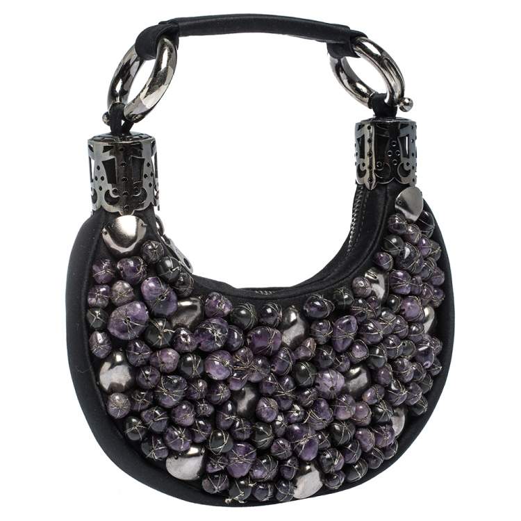 Pre Owned Chloe Black Satin Stone Beads Embellished Hobo