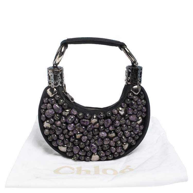 Pre Owned Chloe Black Satin Stone Beads Embellished Hobo