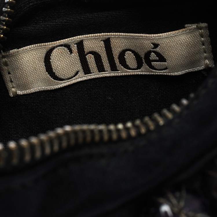 Pre Owned Chloe Black Satin Stone Beads Embellished Hobo