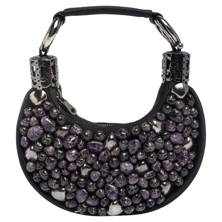 Pre Owned Chloe Black Satin Stone Beads Embellished Hobo