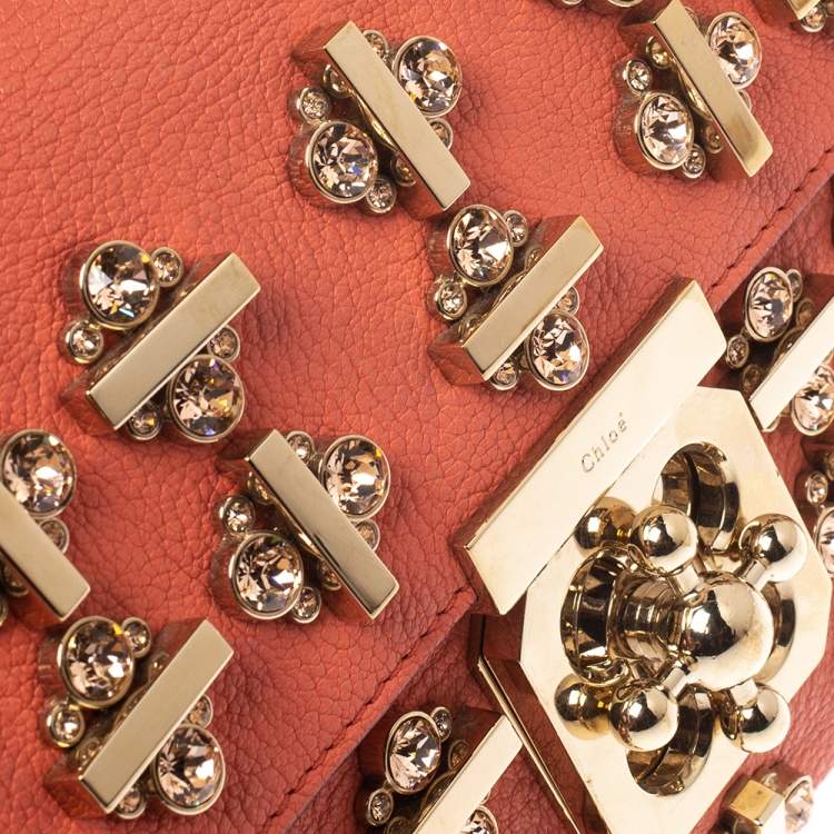 Pre Owned Chloe Orange Leather Medium Crystal Embellished Elsie Shoulder Bag