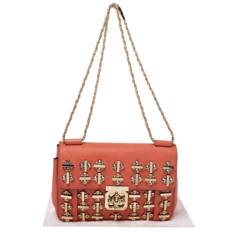 Pre Owned Chloe Orange Leather Medium Crystal Embellished Elsie Shoulder Bag
