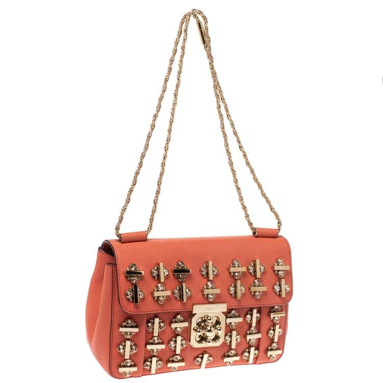 Pre Owned Chloe Orange Leather Medium Crystal Embellished Elsie Shoulder Bag