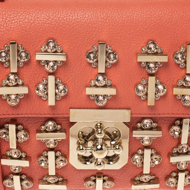 Pre Owned Chloe Orange Leather Medium Crystal Embellished Elsie Shoulder Bag