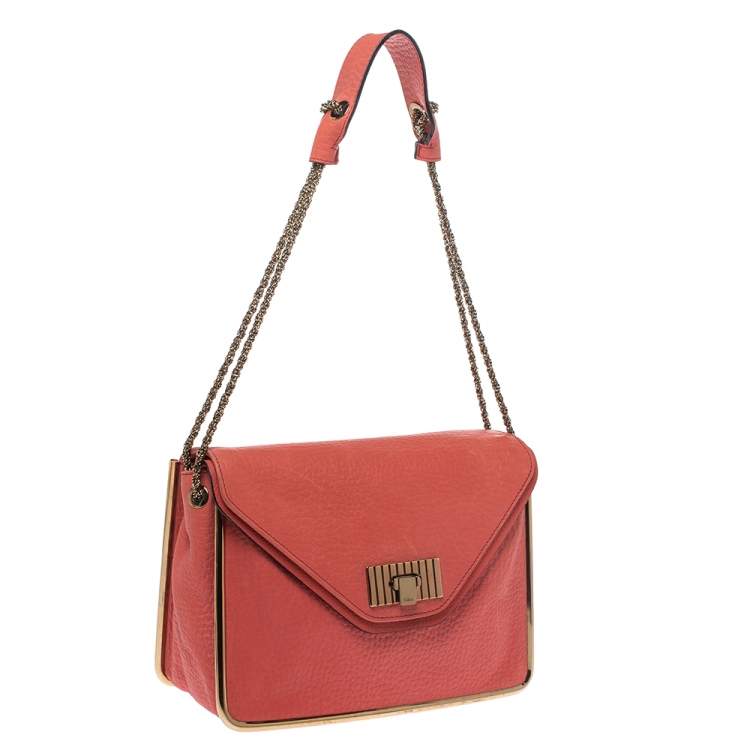 Pre Owned Chloe Coral Orange Leather Medium Sally Flap Shoulder Bag
