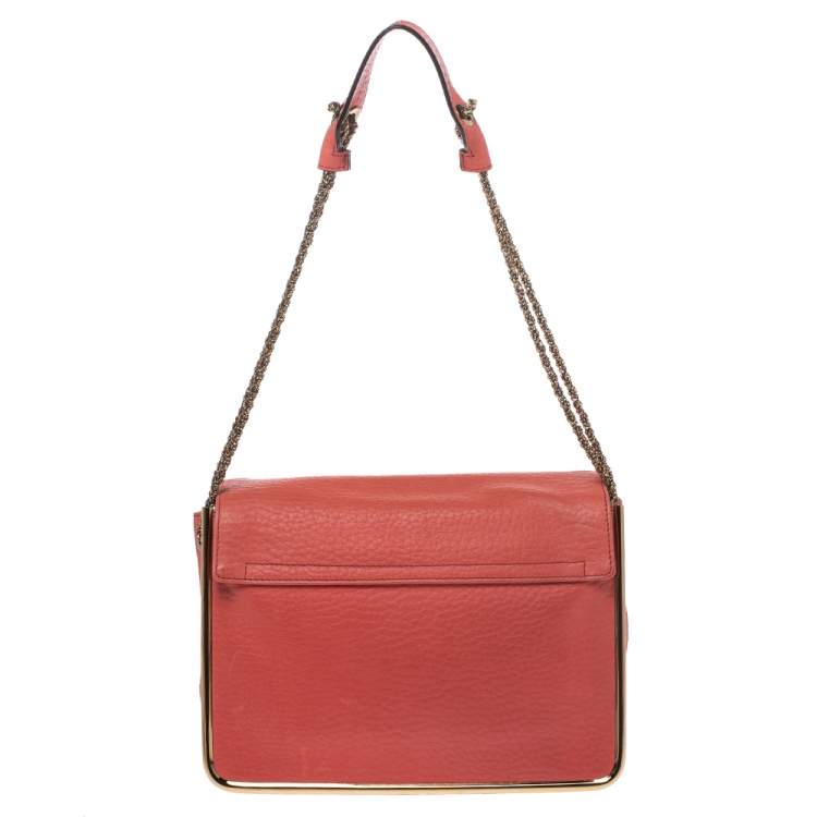 Pre Owned Chloe Coral Orange Leather Medium Sally Flap Shoulder Bag