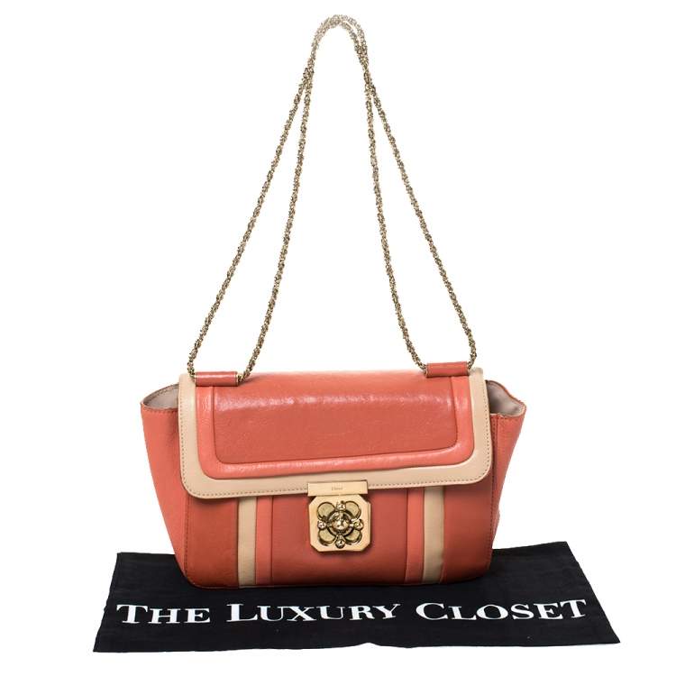 Pre Owned Chloe Orange/Beige Leather Medium Elsie Shoulder Bag