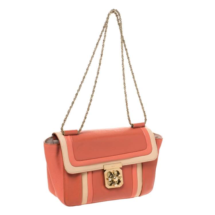Pre Owned Chloe Orange/Beige Leather Medium Elsie Shoulder Bag