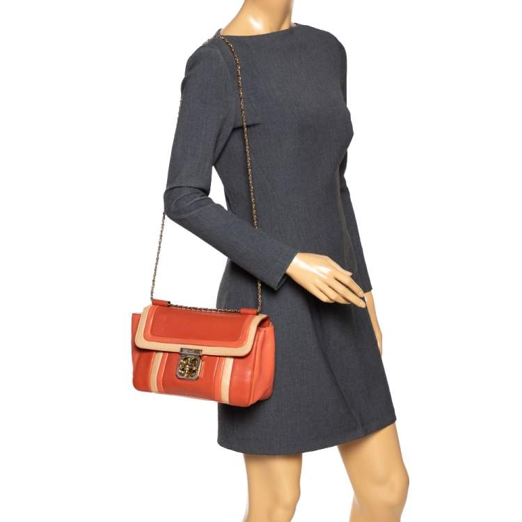 Pre Owned Chloe Orange/Beige Leather Medium Elsie Shoulder Bag