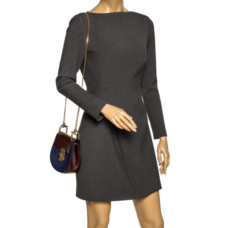 Pre Owned Chloe Dark Brown/Blue Leather and Suede Small Drew Shoulder Bag