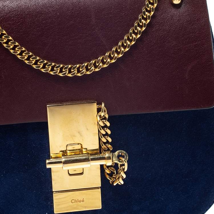 Pre Owned Chloe Dark Brown/Blue Leather and Suede Small Drew Shoulder Bag