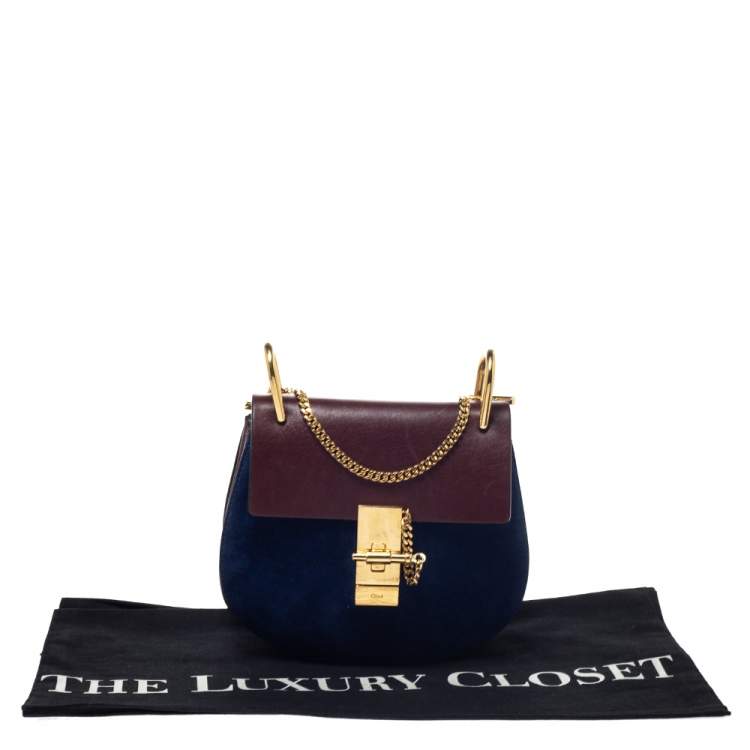 Pre Owned Chloe Dark Brown/Blue Leather and Suede Small Drew Shoulder Bag