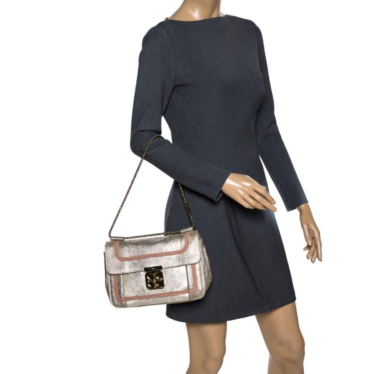 Pre Owned Chloe Gold Lizard Effect Leather Medium Braided Detail Elsie Shoulder Bag