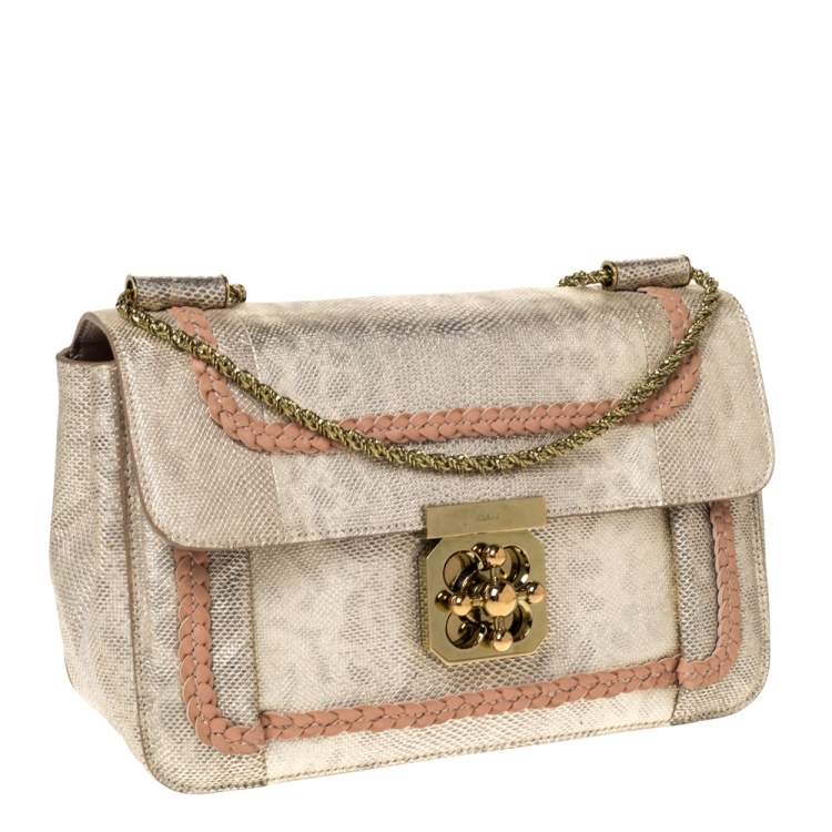 Pre Owned Chloe Gold Lizard Effect Leather Medium Braided Detail Elsie Shoulder Bag