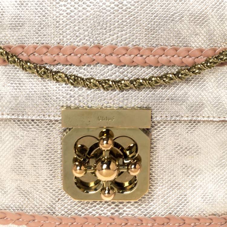 Pre Owned Chloe Gold Lizard Effect Leather Medium Braided Detail Elsie Shoulder Bag